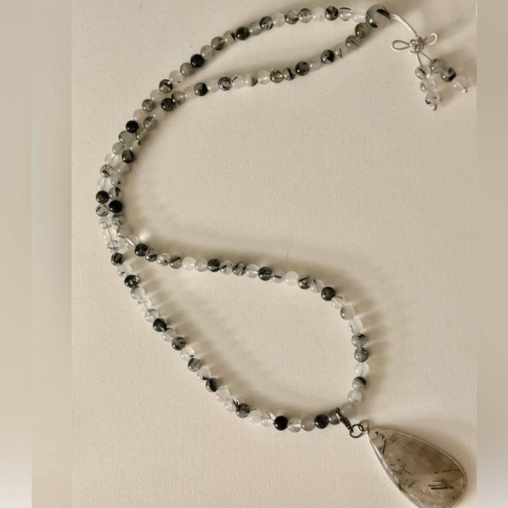 NWOT Necklace Tourmalinated Quartz stone beads & teardrop .925 Sterling sp